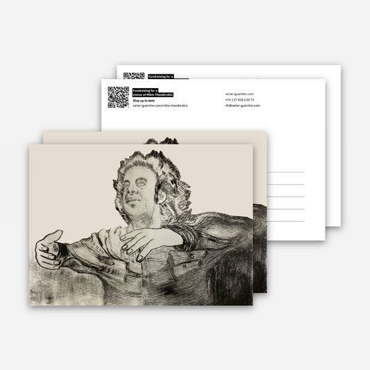 2 Postkarten: Radierung (100 years Mikis Theodorakis) handsigniert